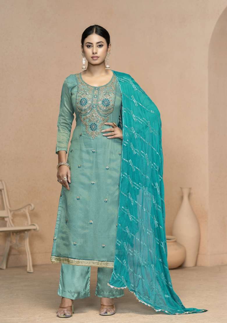 Sea Green Embroidered Viscose Straight Kurta Set - Indya