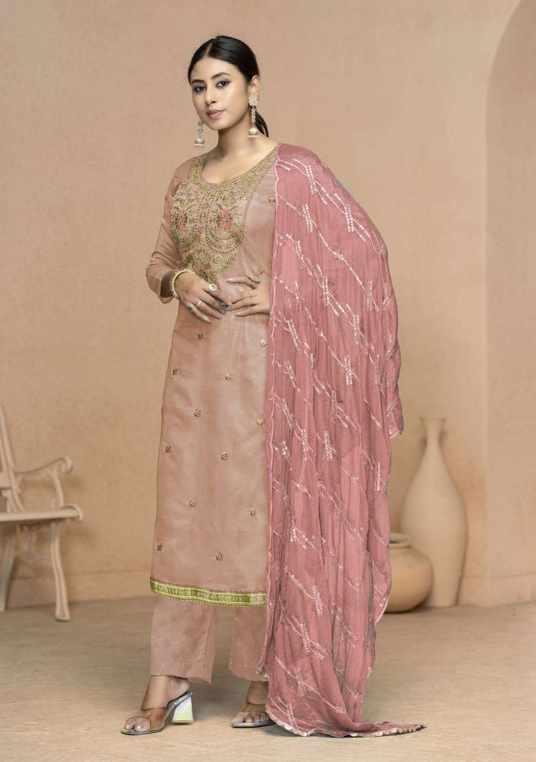 Baby Pink Embroidered Viscose Pakistani Suit Set - Indya