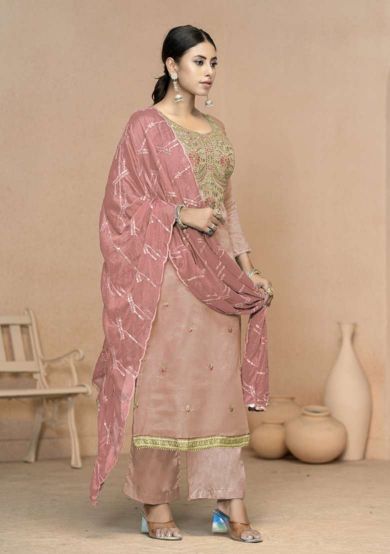 Baby Pink Embroidered Viscose Pakistani Suit Set - Indya