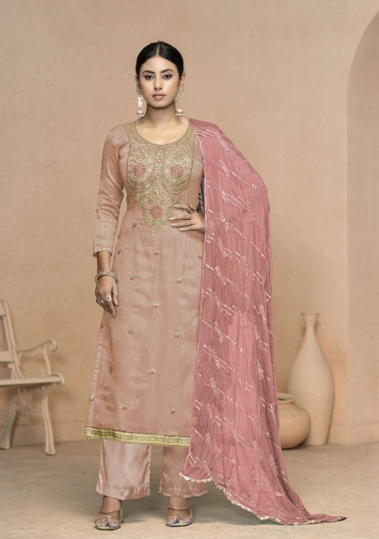 Baby Pink Embroidered Viscose Pakistani Suit Set - Indya