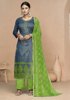Navy Blue Embroidered Jacquard Dress Material