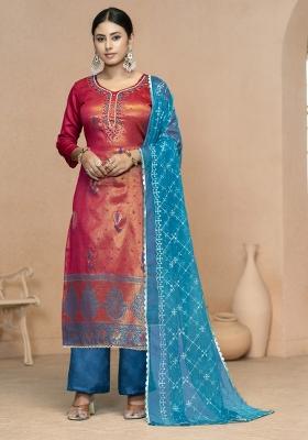 Pink Embroidered Jacquard Dress Material