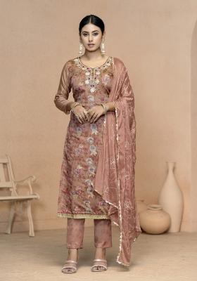 Peach Embroidered Jacquard Dress Material