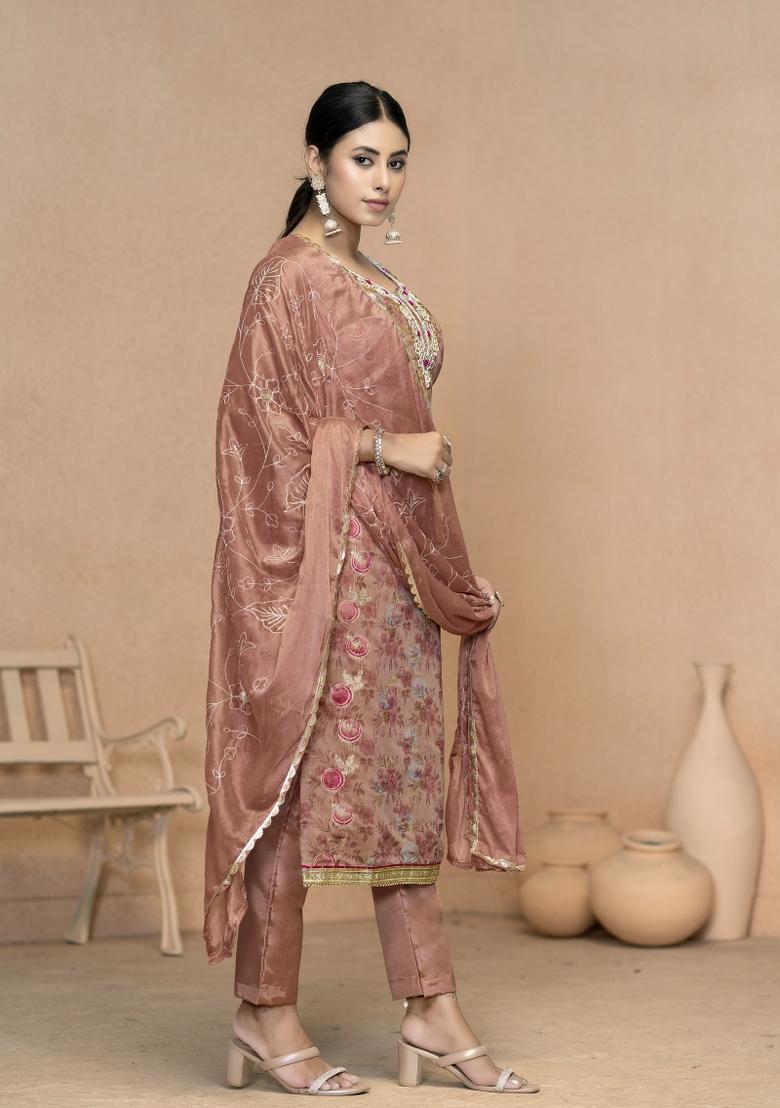 Peach Embroidered Jacquard Dress Material - Indya