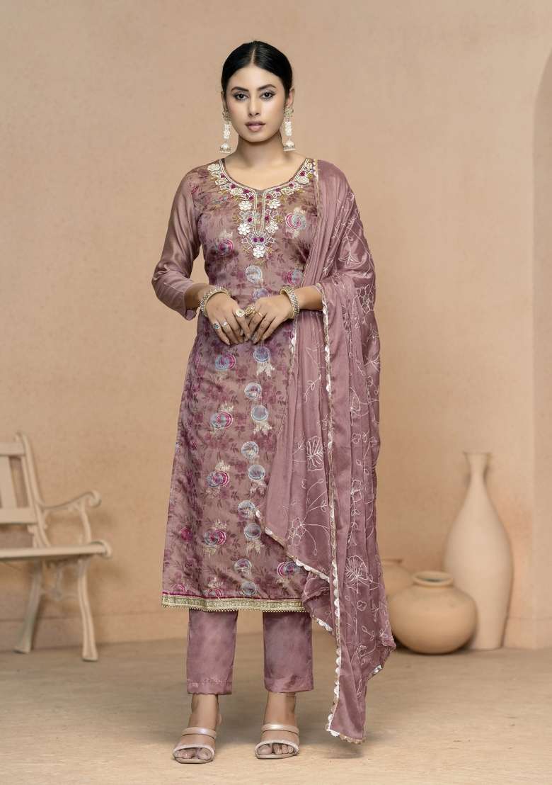 Light Purple Embroidered Jacquard Straight Kurta Set - Indya