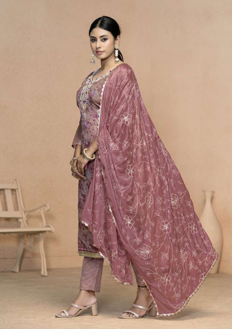 Light Purple Embroidered Jacquard Straight Kurta Set - Indya