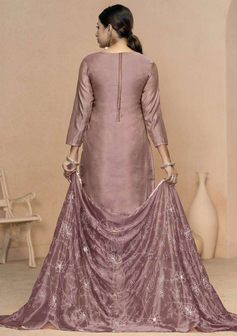 Light Purple Embroidered Jacquard Straight Kurta Set - Indya