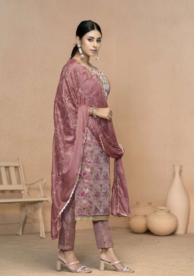 Light Purple Embroidered Jacquard Straight Kurta Set - Indya