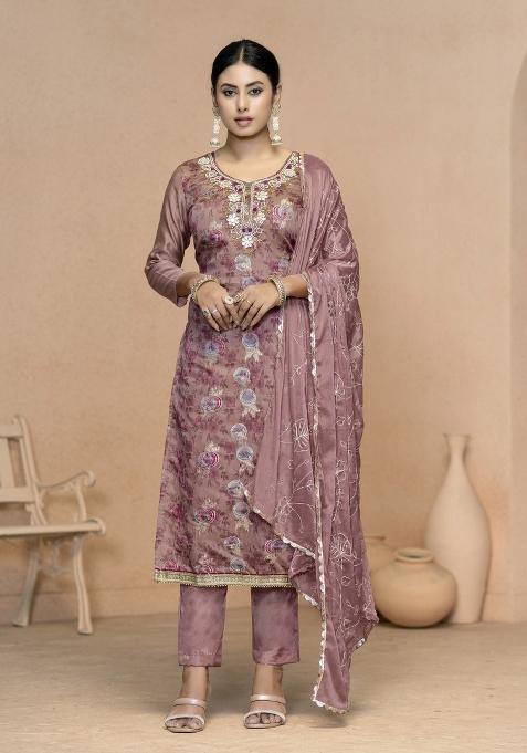 Light Purple Embroidered Jacquard Straight Kurta Set