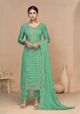 Sea Green Embroidered Cotton Blend Dress Material