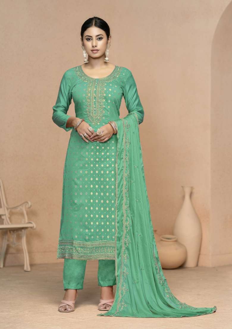 Sea Green Embroidered Cotton Pakistani Suit Set - Indya