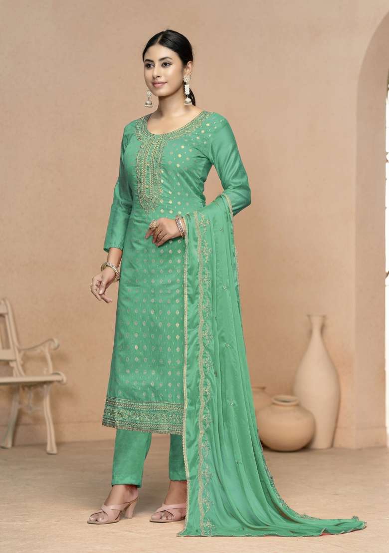 Sea Green Embroidered Cotton Pakistani Suit Set - Indya