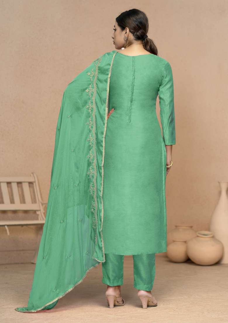 Sea Green Embroidered Cotton Pakistani Suit Set - Indya