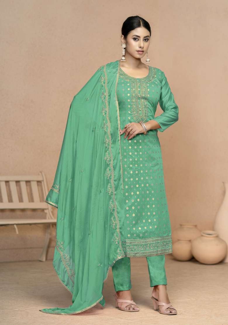 Sea Green Embroidered Cotton Pakistani Suit Set - Indya