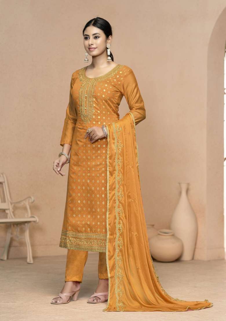 Yellow Embroidered Cotton Pakistani Suit Set - Indya
