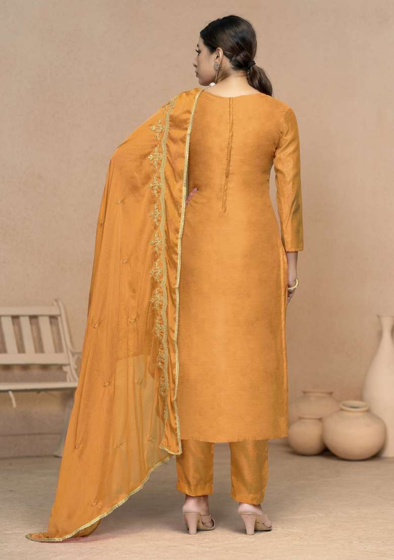 Yellow Embroidered Cotton Pakistani Suit Set - Indya