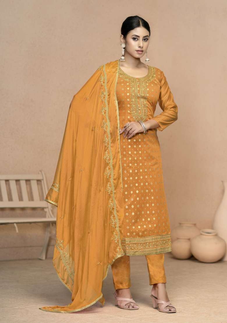 Yellow Embroidered Cotton Pakistani Suit Set - Indya