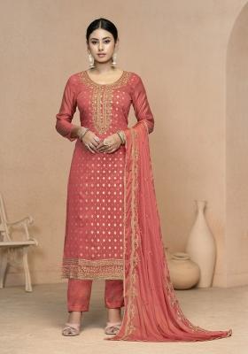 Peach Embroidered Cotton Blend Dress Material