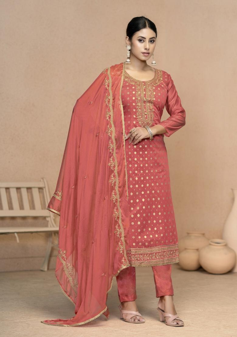Peach Embroidered Cotton Blend Dress Material - Indya