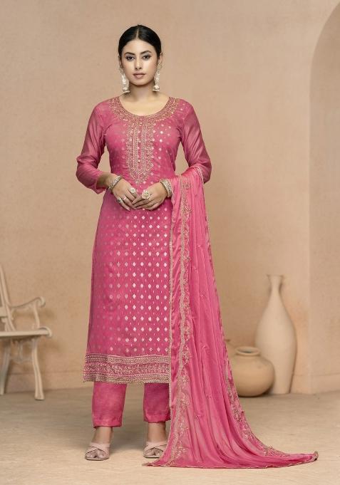 Pink Embroidered Blended Pakistani Suit Set