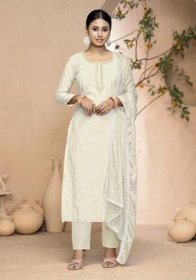 White Embroidered Cotton Blend Dress Material