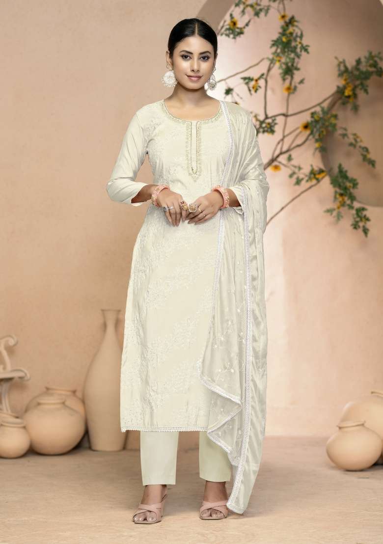 White Chikankari Blended Straight Kurta Set - Indya