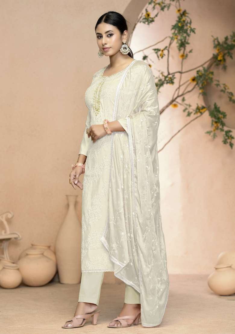 White Chikankari Blended Straight Kurta Set - Indya