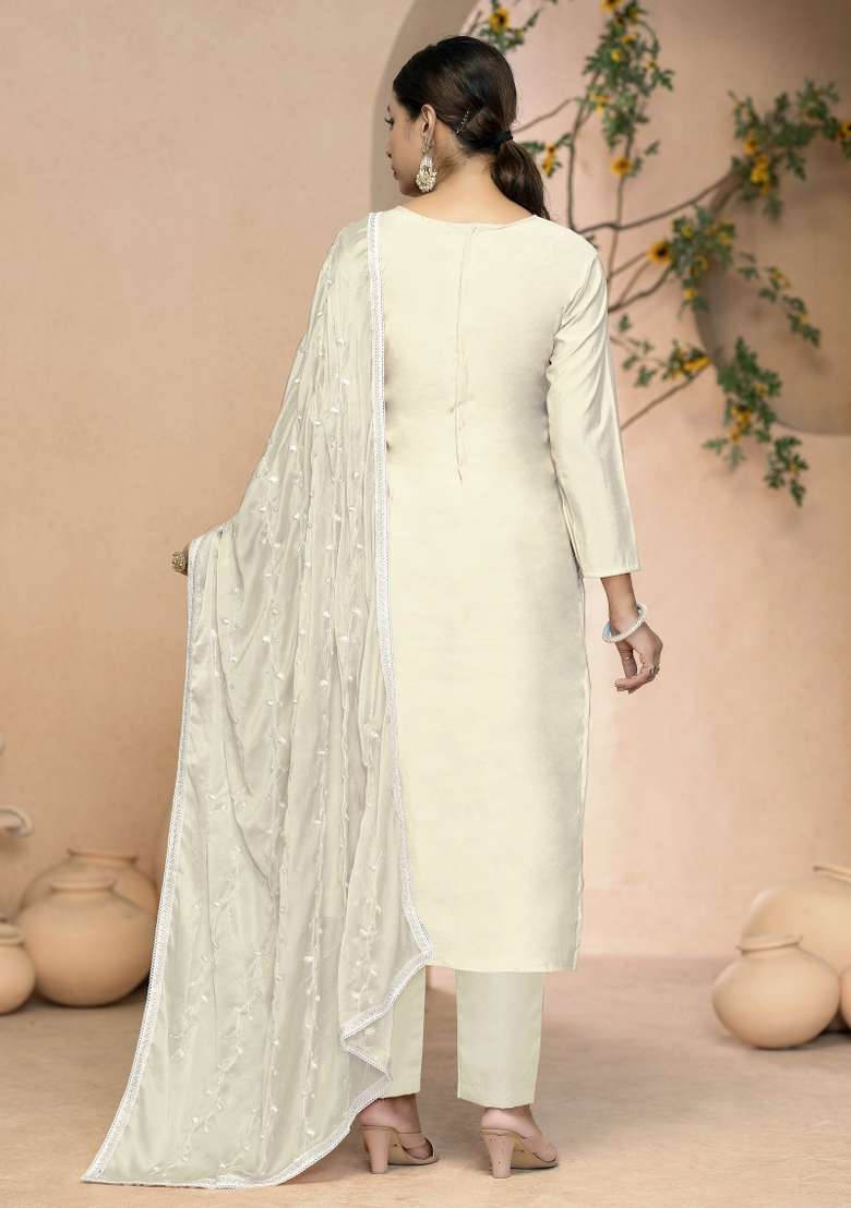 White Chikankari Blended Straight Kurta Set - Indya