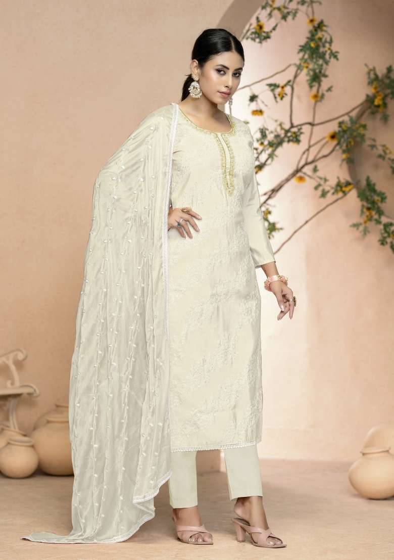 White Chikankari Blended Straight Kurta Set - Indya