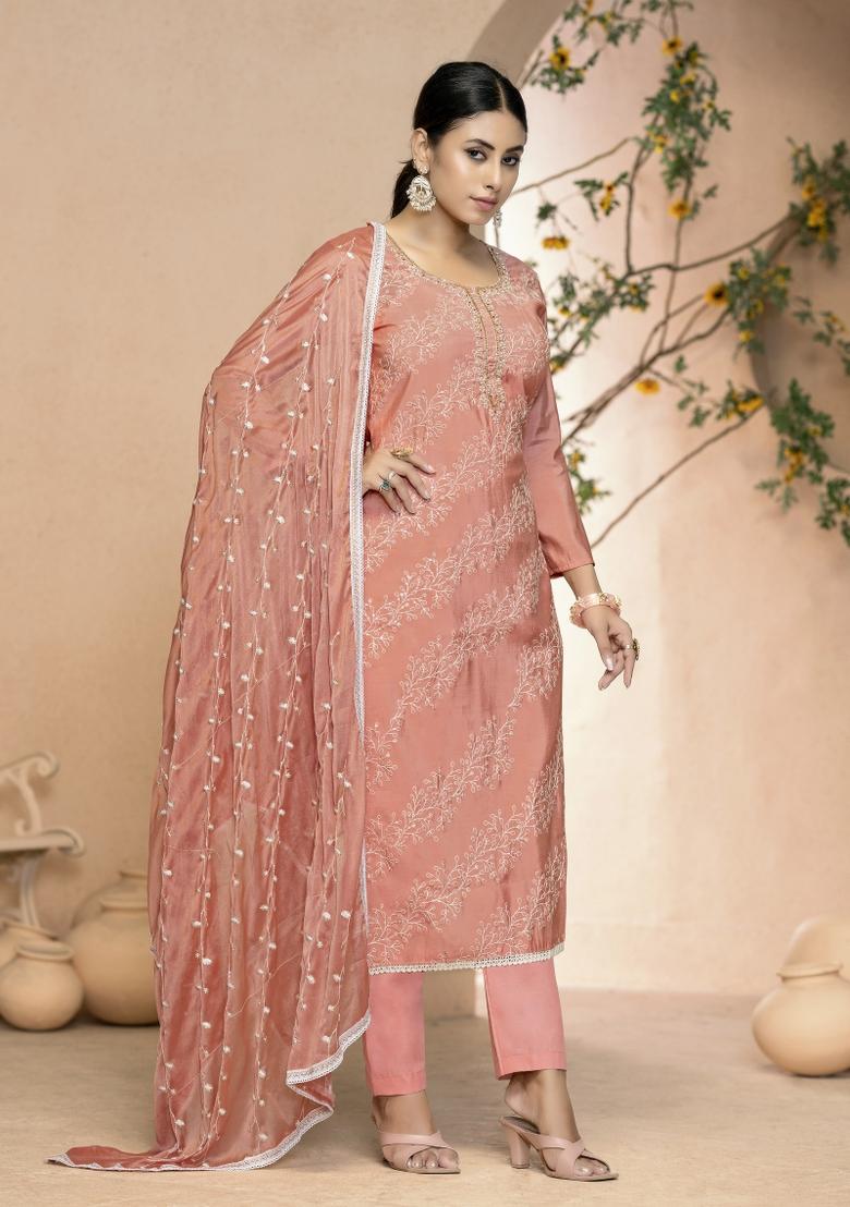 Peach Embroidered Cotton Blend Dress Material - Indya