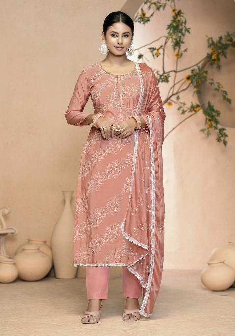 Peach Embroidered Cotton Blend Dress Material