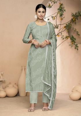 Sea Green Embroidered Cotton Straight Kurta Set