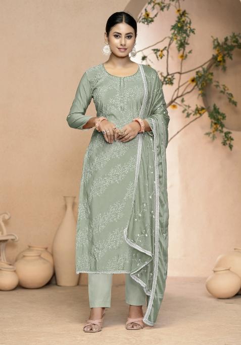 Sea Green Embroidered Cotton Straight Kurta Set
