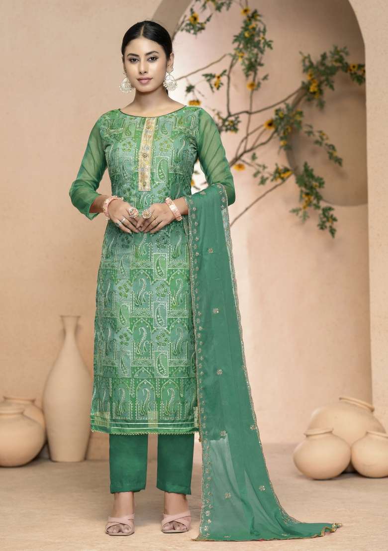 Multicolor Printed Organza Straight Kurta Set - Indya