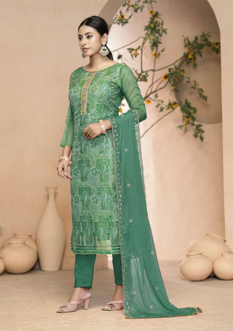 Multicolor Printed Organza Straight Kurta Set - Indya