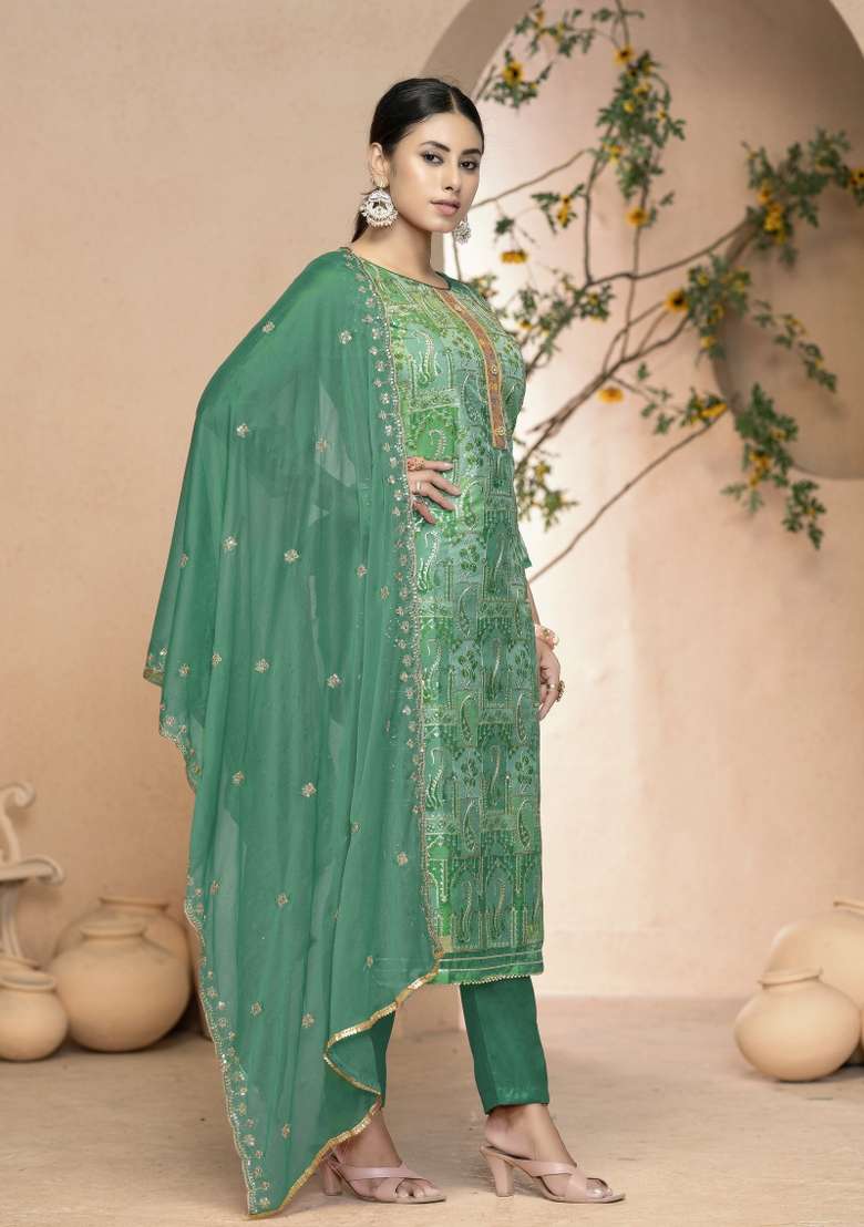 Multicolor Printed Organza Straight Kurta Set - Indya