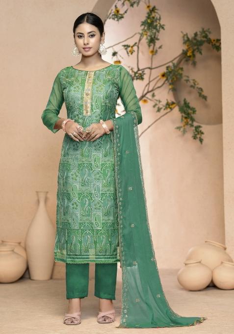 Multicolor Embroidered Oragnza Dress Material