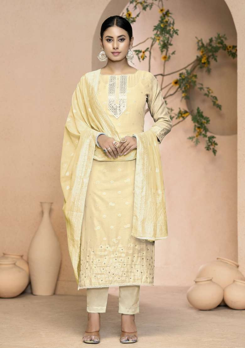 Beige Mirror Work Blended Straight Kurta Set - Indya