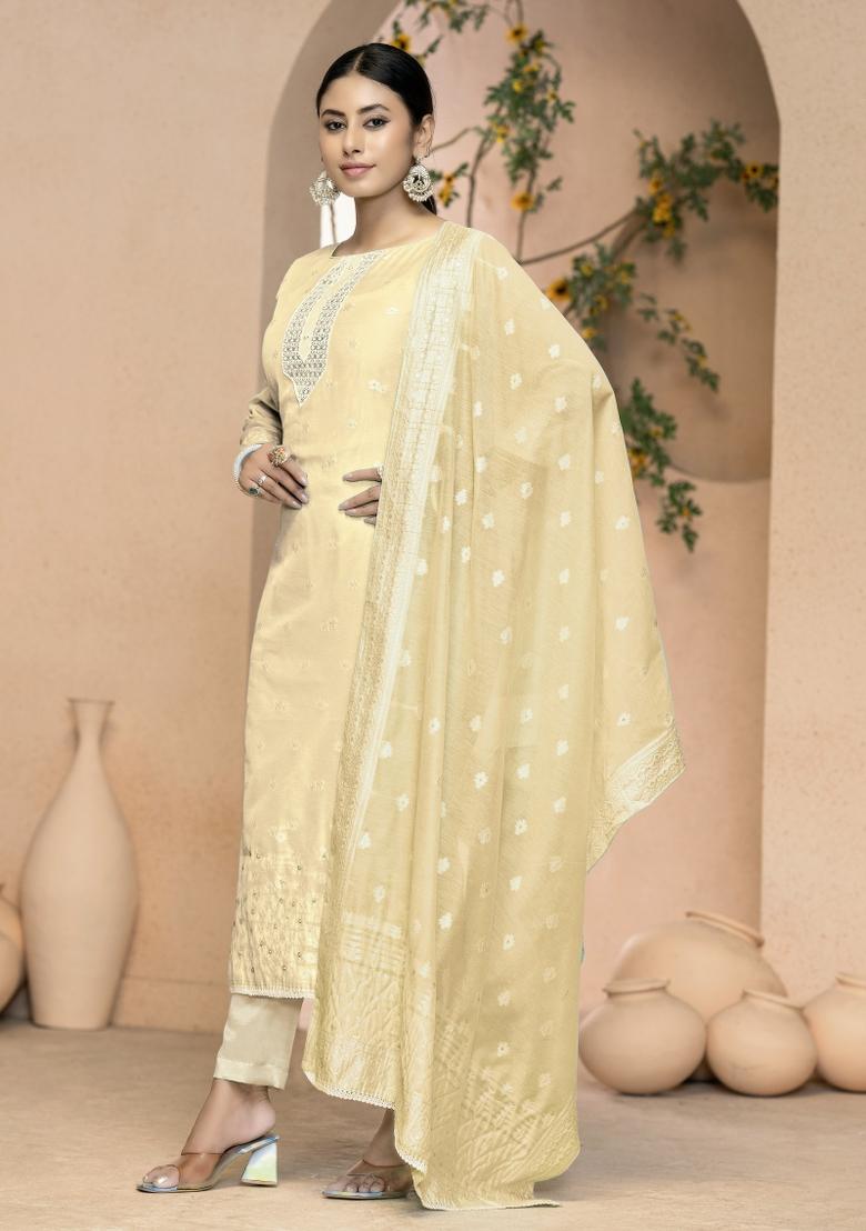 Beige Embroidered Cotton Blend Dress Material - Indya