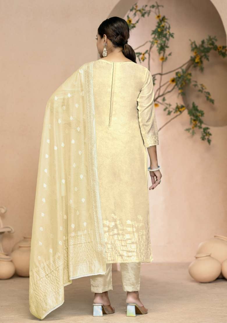 Beige Mirror Work Blended Straight Kurta Set - Indya
