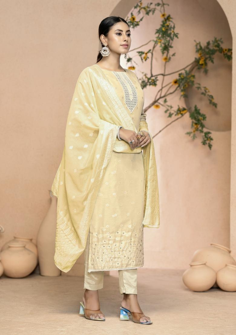 Beige Embroidered Cotton Blend Dress Material - Indya
