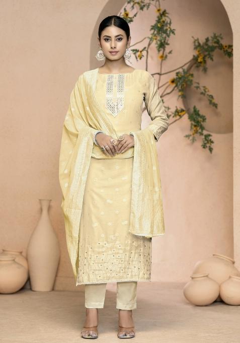 Beige Embroidered Cotton Blend Dress Material