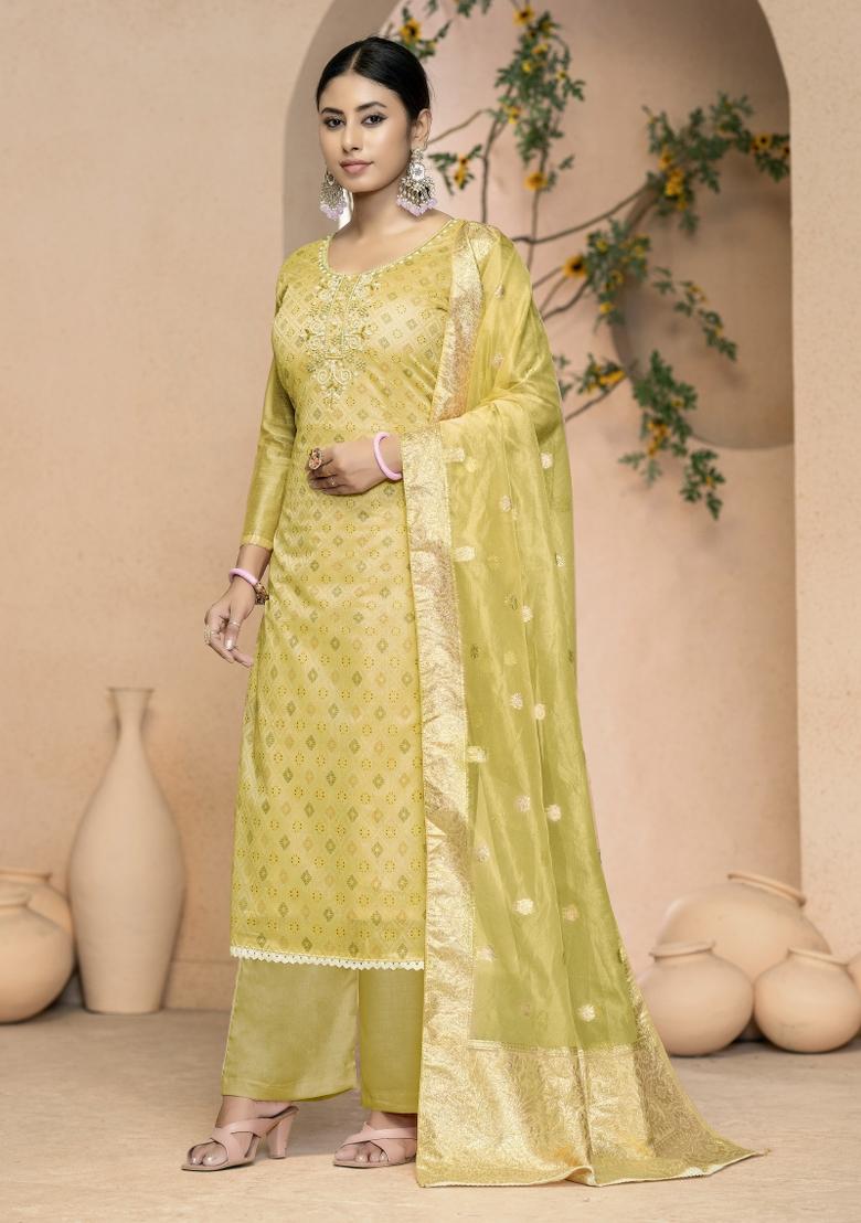 Light Green Embroidered Cotton Blend Dress Material - Indya