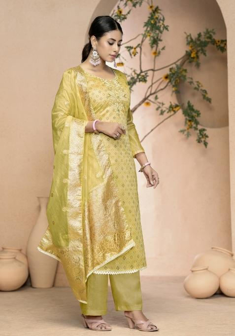 Light Green Jacquard Cotton Straight Kurta Set