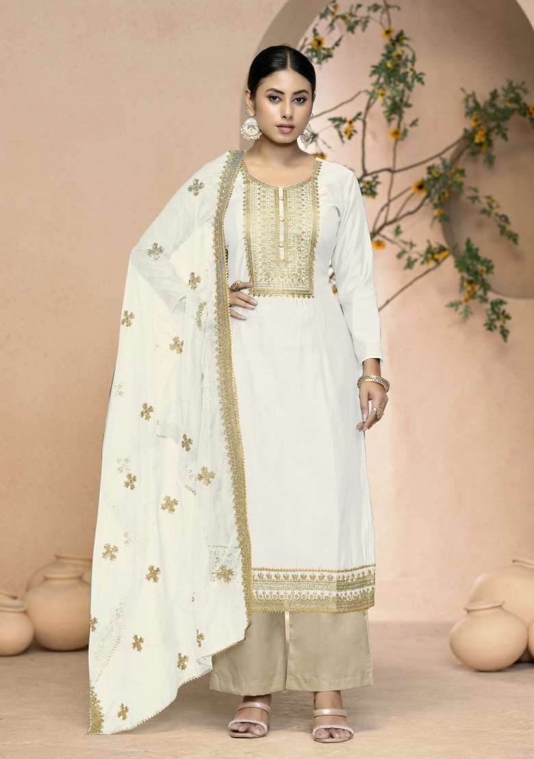White Embroidered Silk Straight Kurta Set - Indya