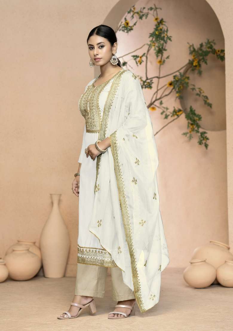 White Embroidered Silk Straight Kurta Set - Indya