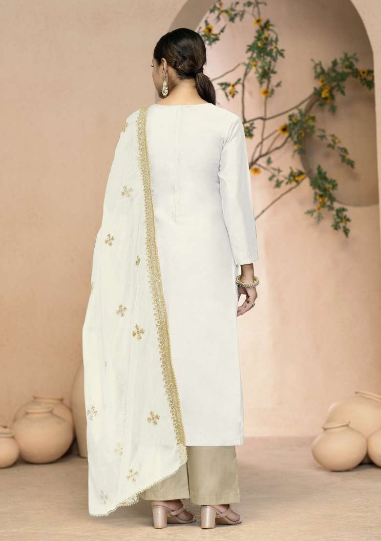 White Embroidered Silk Straight Kurta Set - Indya
