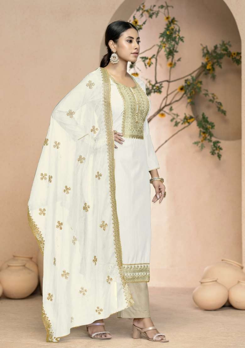 White Embroidered Silk Straight Kurta Set - Indya