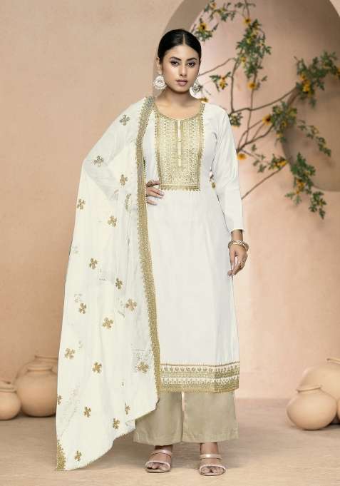 White Embroidered Silk Straight Kurta Set