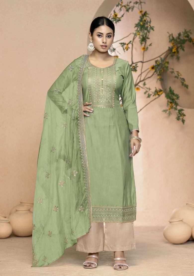 Light Green Embroidered Silk Blend Straight Kurta Set - Indya